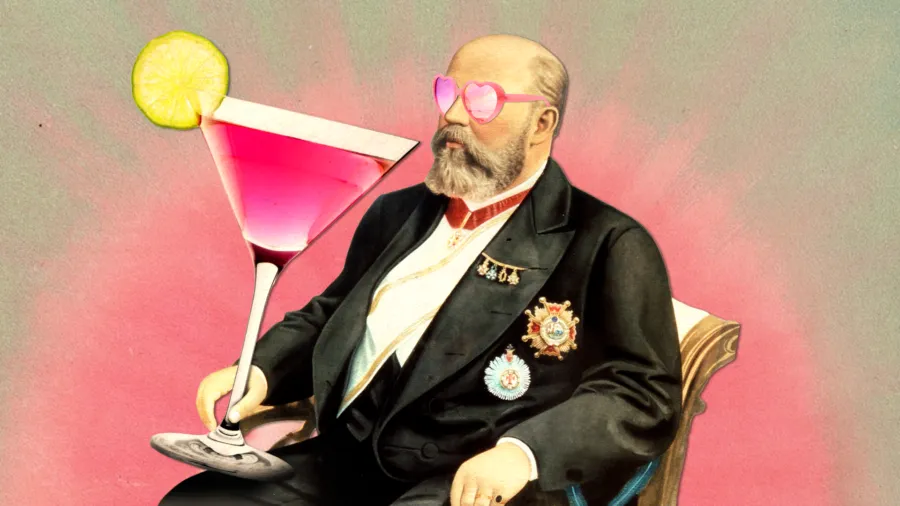 Collage med LO Smith som håller i en drink. Guidad visning i utställningen Absolut Absolut på Spritmuseum i Stockholm.